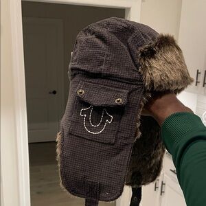True Religion Dark Gray Trapper Hat with Fur Trim
